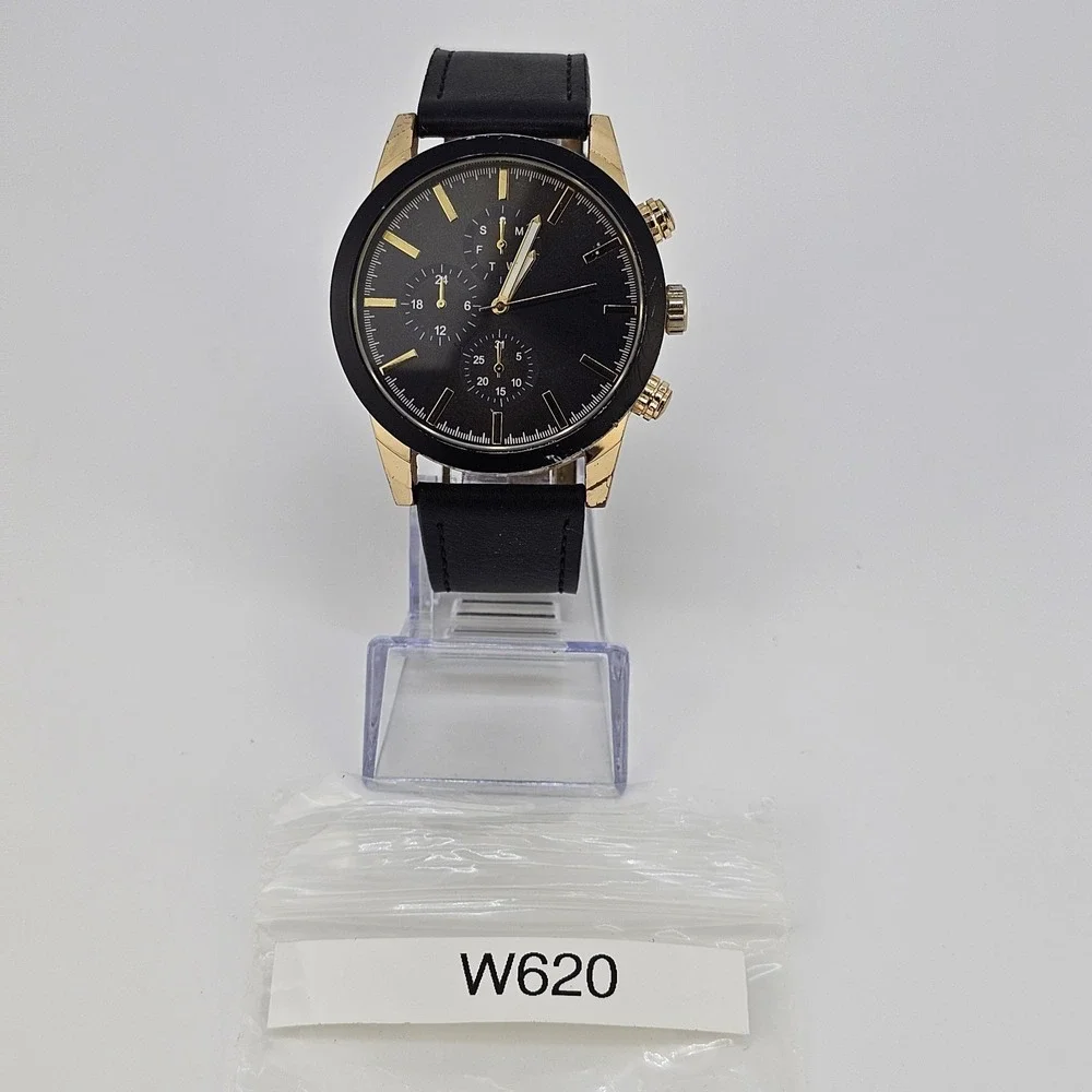 Men's Analog Watch 46MM Black Dial Black Faux‎ Leather Bands New Battery